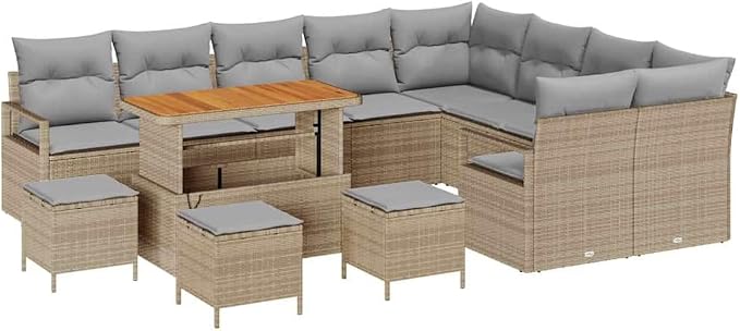 GFMGUEMV 13-Teiliges Gartensofa-Set Poly-Rattan Beige Hellgrau