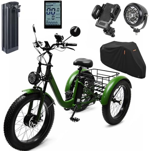 ZRLYbau Elektro Dreirad Für Erwachsene 24 Zoll 7 Gang Fat Tire E-Trike Mit Korb Grün