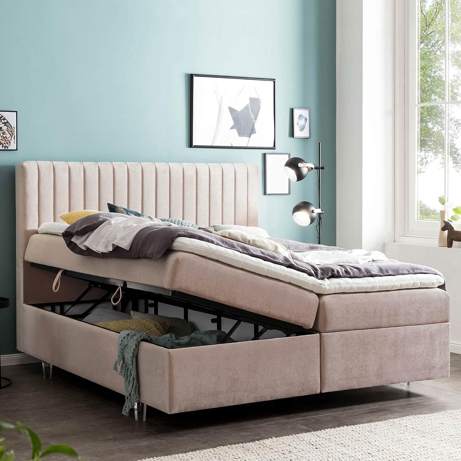 Bettco Boxspringbett Paris Samt 160X200 Ohne Topper Rosa