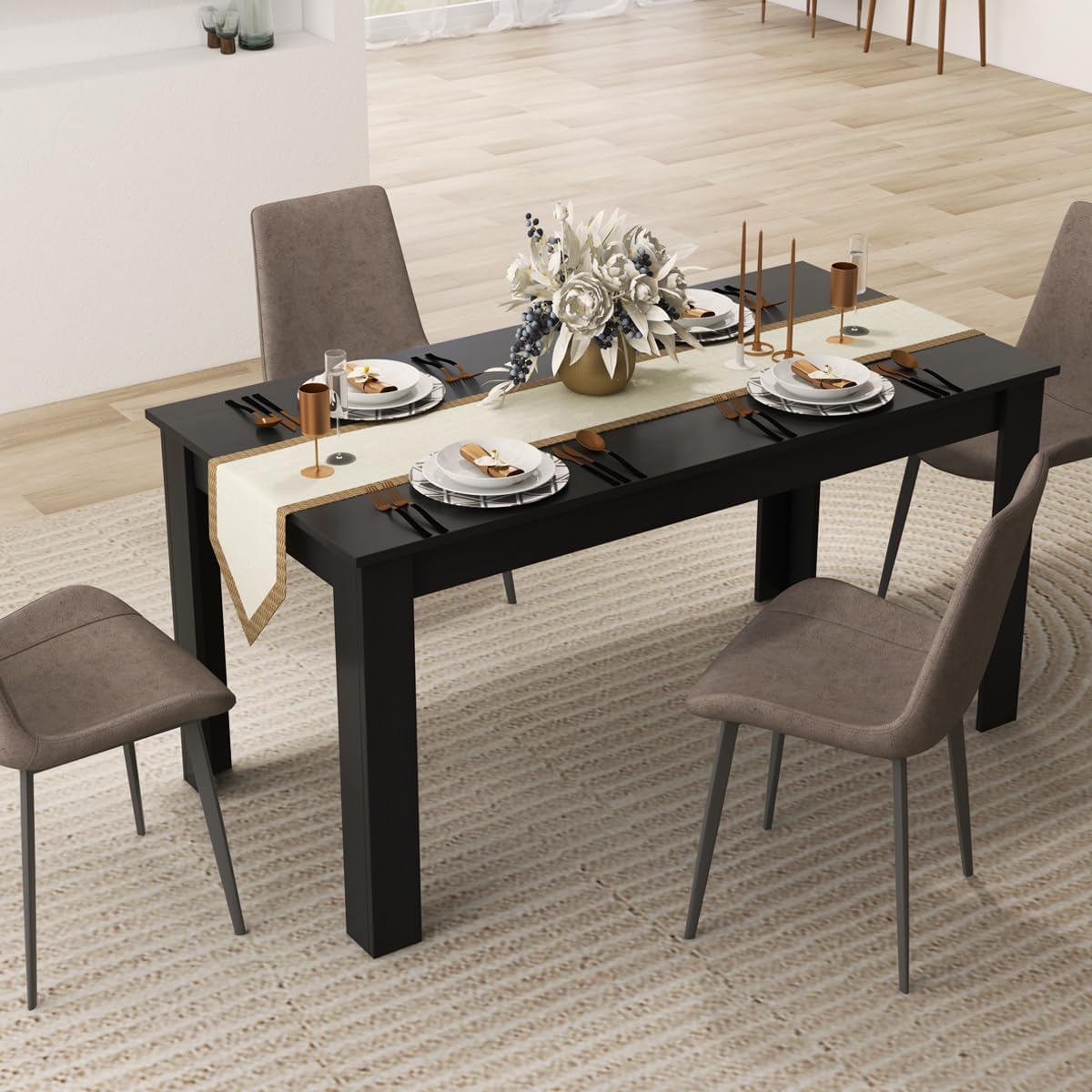 LDAILY Esstisch Aus Mokka-Holz 160x80x76,2cm Schwarz L-Förmige Beine