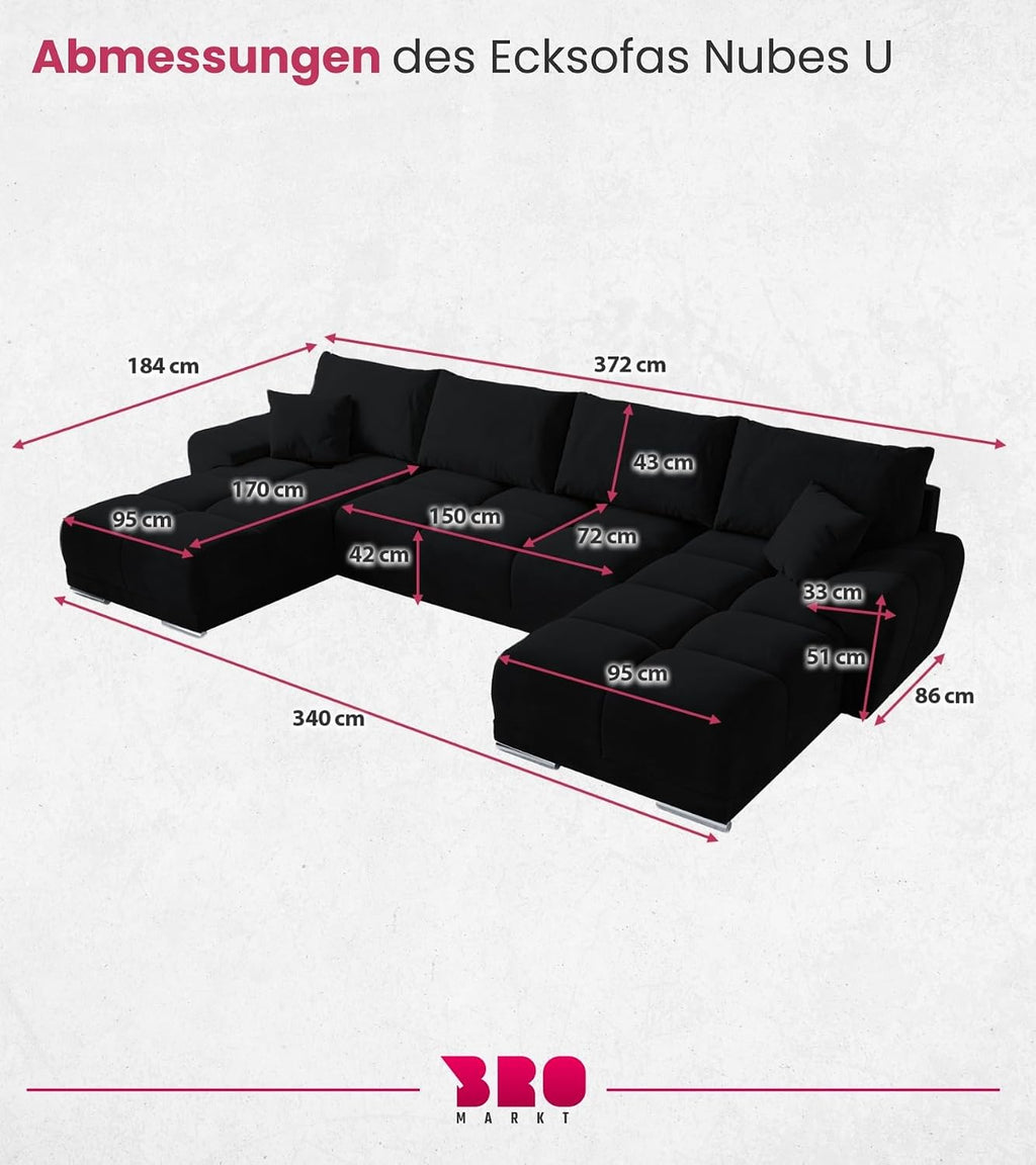BROMARKT NUBES U Ecksofa mit Schlaffunktion und Bettkasten 372x184x85 cm Graphit