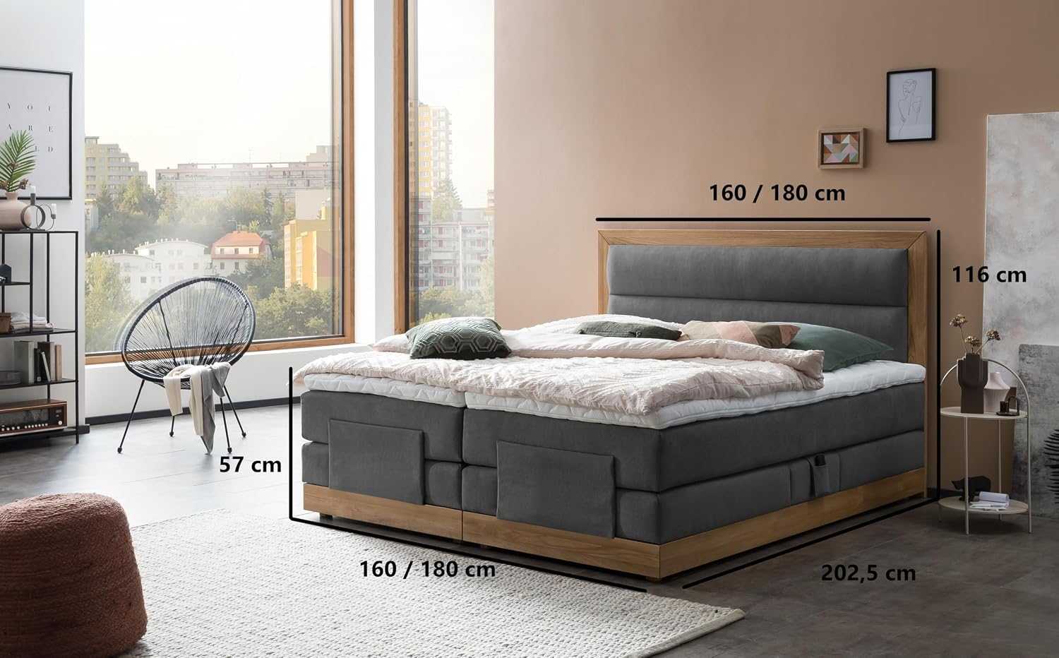 Belanoti MODELA Boxspringbett 160x200 Elektrisch Verstellbar 7-Zonen Taschenfederkern Matratze Inkl Visco Topper Motor Anthrazit H2/H3