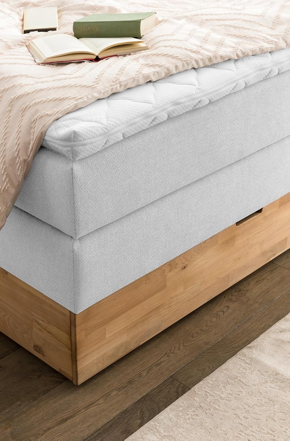 Belanoti Marbo Boxspringbett 140x200 Mit Bettkasten 7-Zonen Taschenfederkern Matratze Visco Topper Weißgrau H2/H3