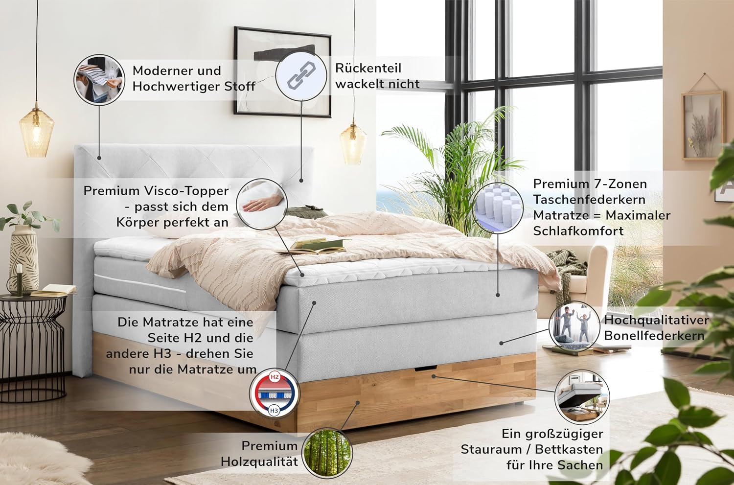 Belanoti Marbo Boxspringbett 140x200 Mit Bettkasten 7-Zonen Taschenfederkern Matratze Visco Topper Weißgrau H2/H3