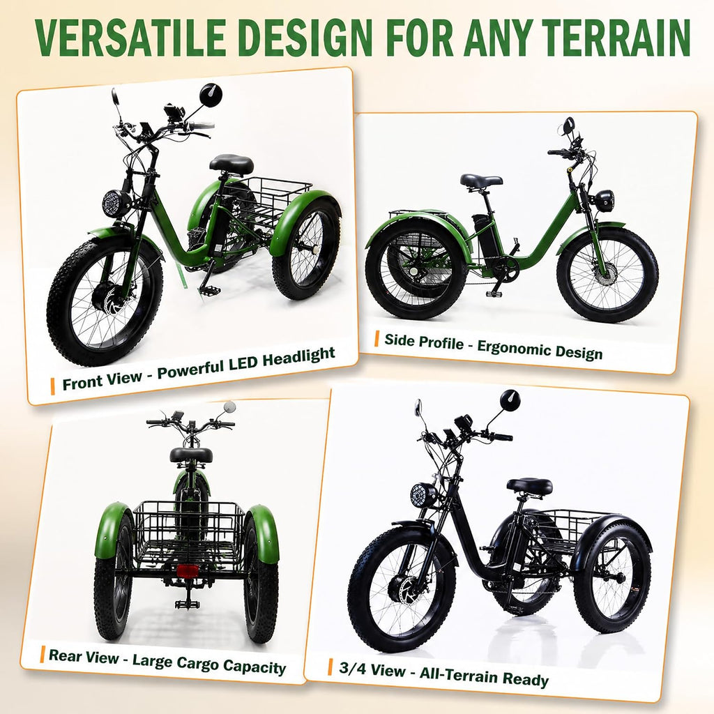 ZRLYbau Elektro Dreirad Für Erwachsene 24 Zoll 7 Gang Fat Tire E-Trike Mit Korb Grün