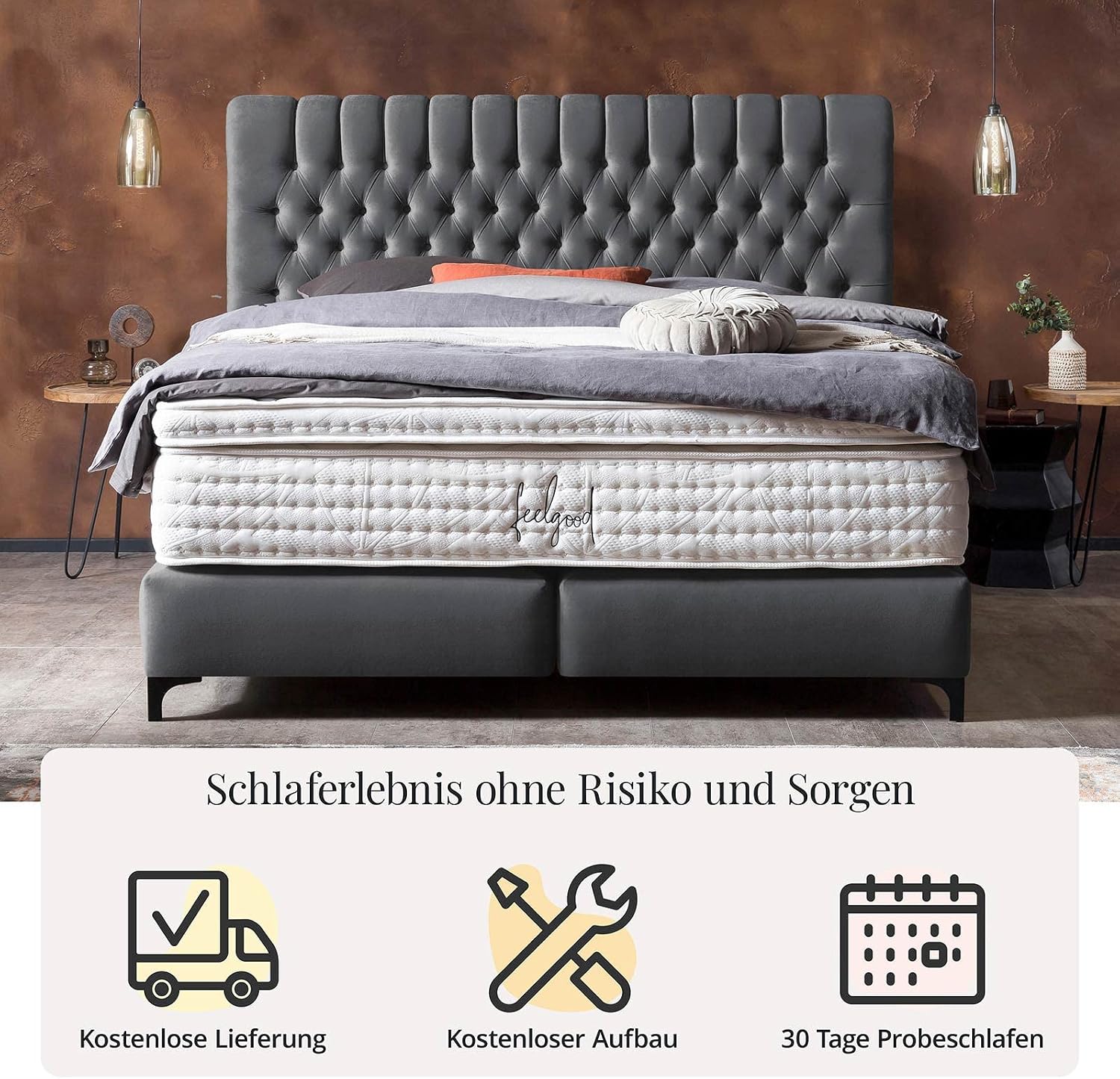 BettCo Chester Velours Boxspringbett 180x200 Dunkelgrau