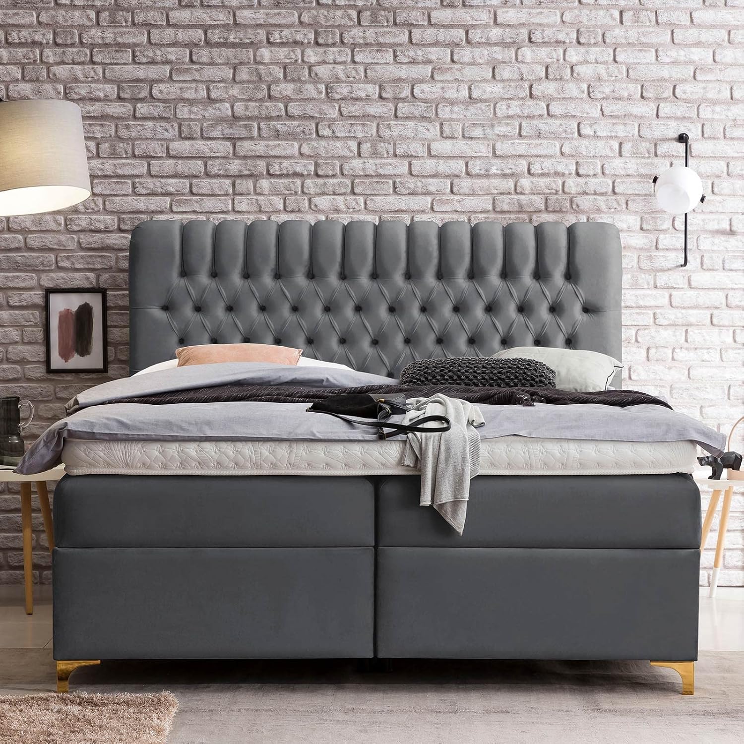 Bettco Boxspringbett Mit Bettkasten Dunkelgrau 140x200 Cm Ohne Topper