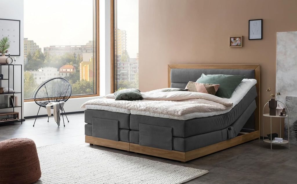Belanoti MODELA Boxspringbett 160x200 Elektrisch Verstellbar 7-Zonen Taschenfederkern Matratze Inkl Visco Topper Motor Anthrazit H2/H3