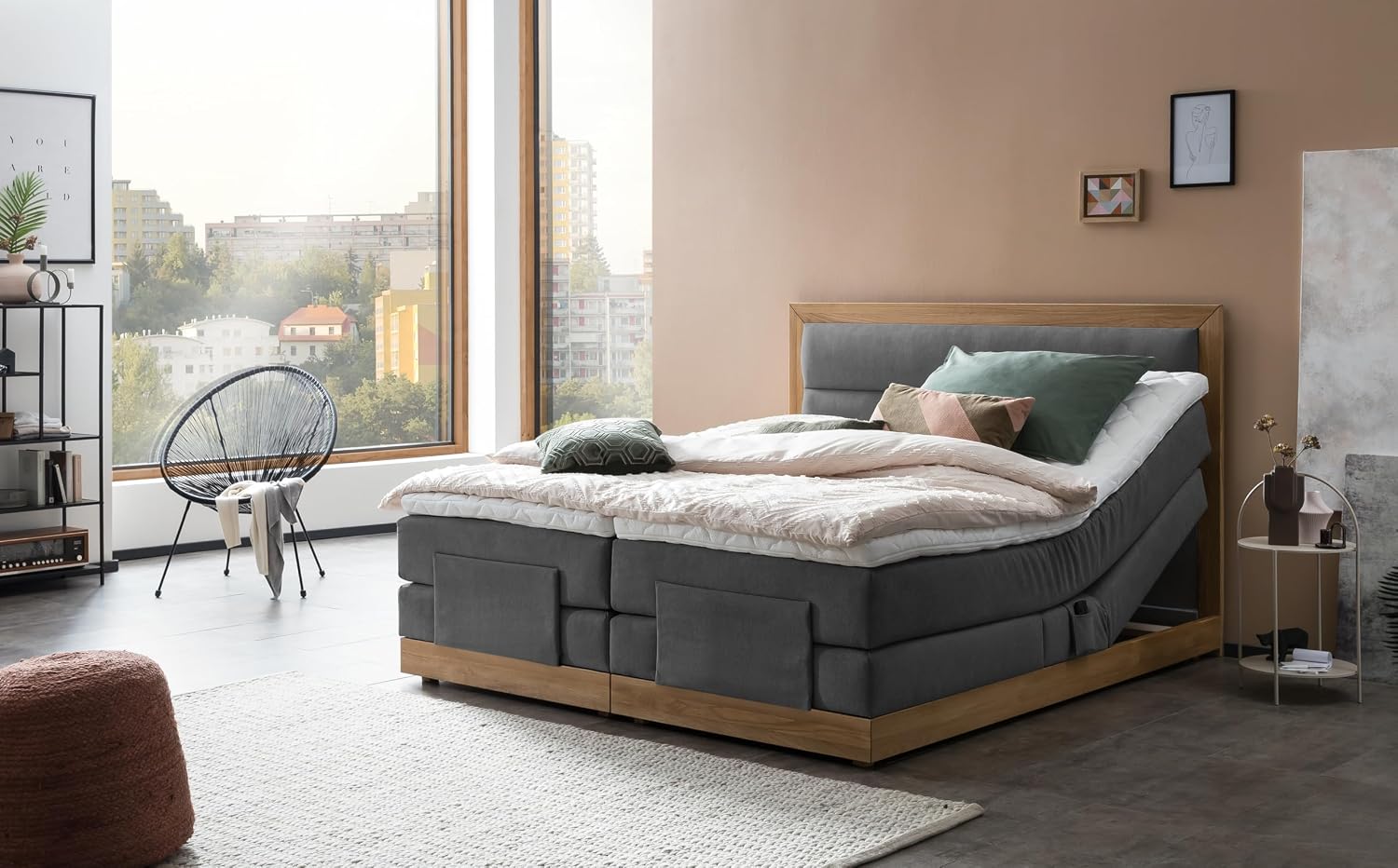 Belanoti MODELA Boxspringbett 160x200 Elektrisch Verstellbar 7-Zonen Taschenfederkern Matratze Inkl Visco Topper Motor Anthrazit H2/H3