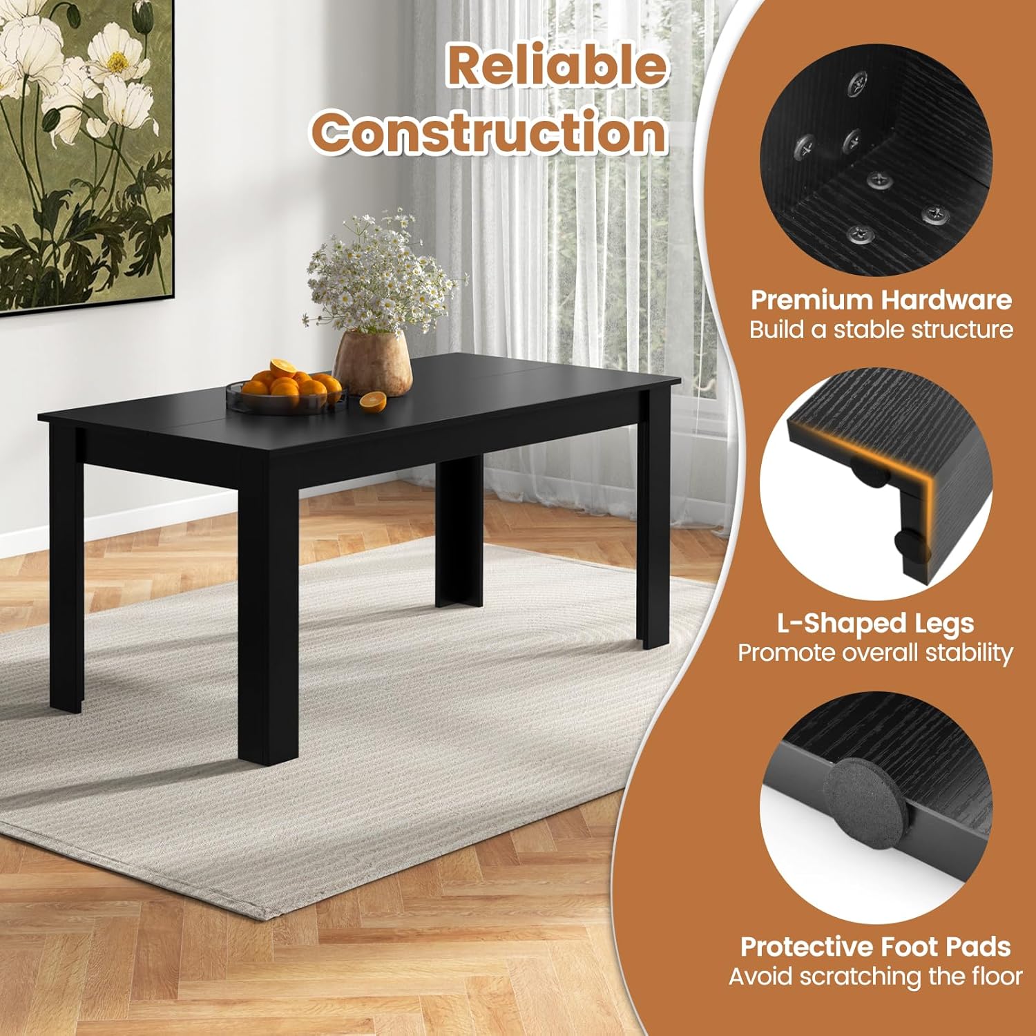 LDAILY Esstisch Aus Mokka-Holz 160x80x76,2cm Schwarz L-Förmige Beine