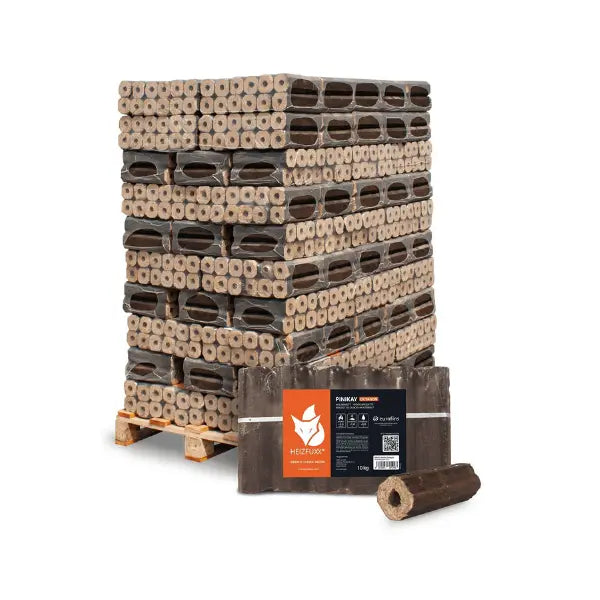 Heizfuxx PiniKay Quadro Hartholzbriketts – 960 kg Palette (96 x 10 kg) Premium Vierkant-Holzbriketts mit langer Brenndauer