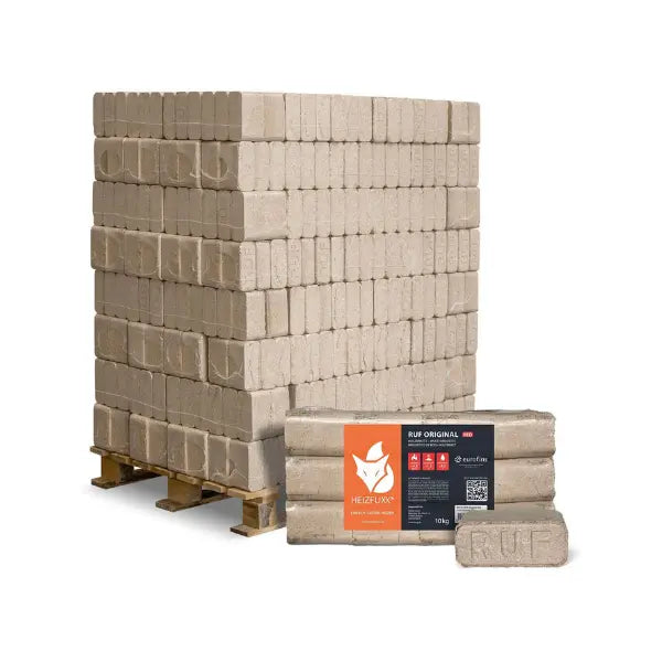 Heizfuxx RUF Original Red Hartholzbriketts – 960 kg Palette (96 x 10 kg) Premium Holzbriketts für Kamin & Ofen