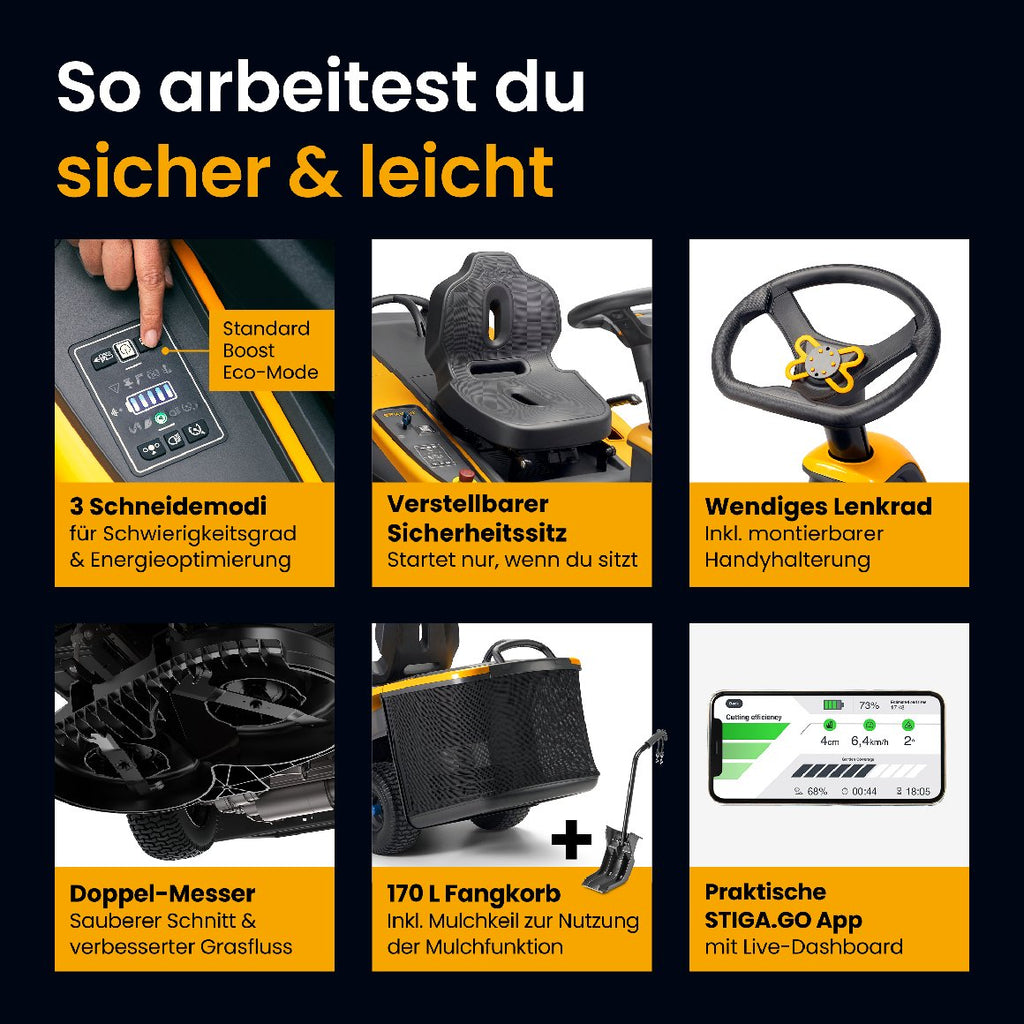 Stiga Akku-Aufsitzmäher Swift 372e mit 4 x 5 Ah Akkus und 1 x Ladegerät