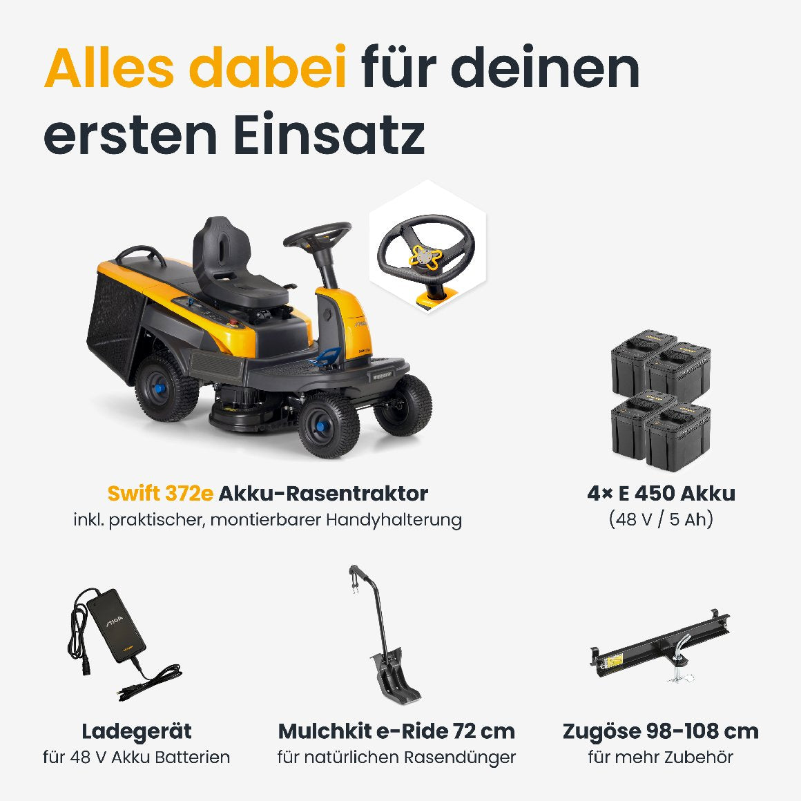 Stiga Akku-Aufsitzmäher Swift 372e mit 4 x 5 Ah Akkus und 1 x Ladegerät