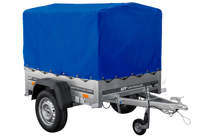 Anhänger 150 KIPP 150×106 cm [mit blauer Hochplane, Hochspriegel und Stützrad]-Neu