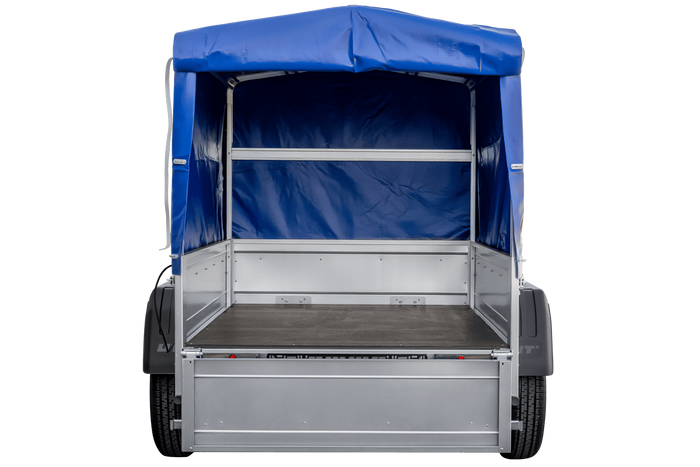 Anhänger 150 KIPP 150×106 cm [mit blauer Hochplane, Hochspriegel und Stützrad]-Neu
