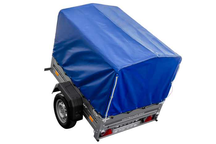 Anhänger 150 KIPP 150×106 cm [mit blauer Hochplane, Hochspriegel und Stützrad]-Neu