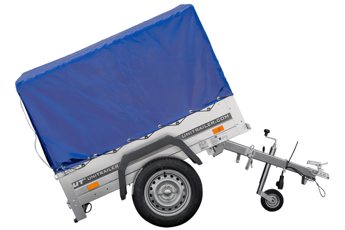 Anhänger 150 KIPP 150×106 cm [mit blauer Hochplane, Hochspriegel und Stützrad]-Neu