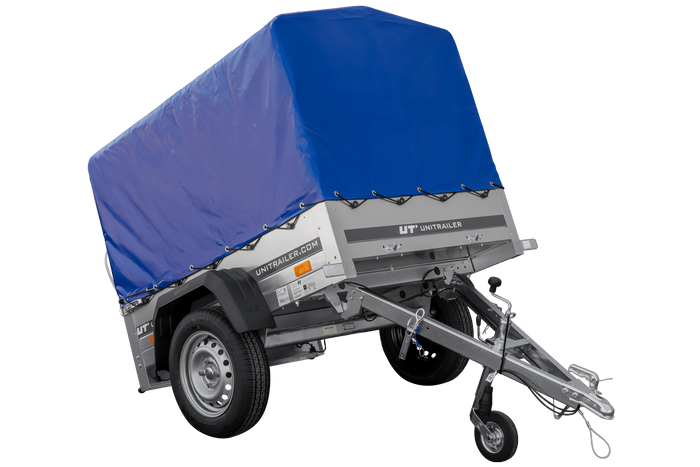Anhänger 150 KIPP 150×106 cm [mit blauer Hochplane, Hochspriegel und Stützrad]-Neu