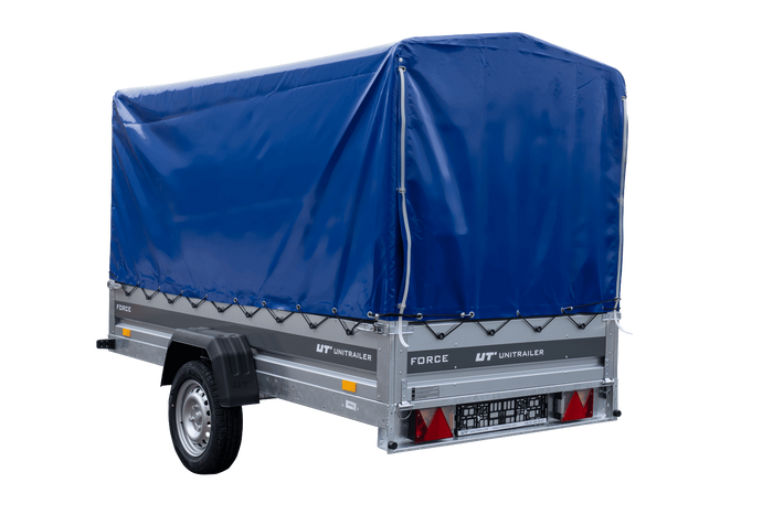 Anhänger 264×125 UNITRAILER FORCE 264 KIPP ungebremst mit H-1100 Spriegel und blauer Hochplane-Neu