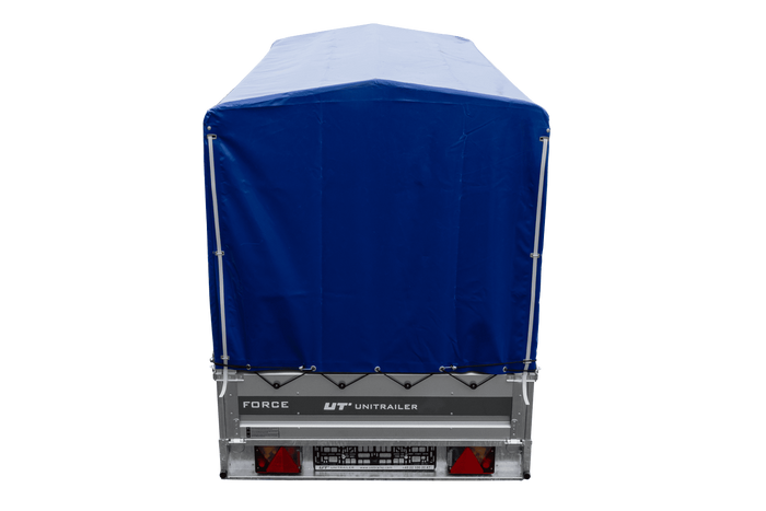 Anhänger 264×125 UNITRAILER FORCE 264 KIPP ungebremst mit H-1100 Spriegel und blauer Hochplane-Neu