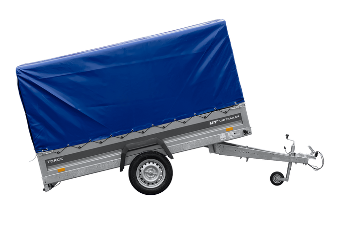 Anhänger 264×125 UNITRAILER FORCE 264 KIPP ungebremst mit H-1100 Spriegel und blauer Hochplane-Neu