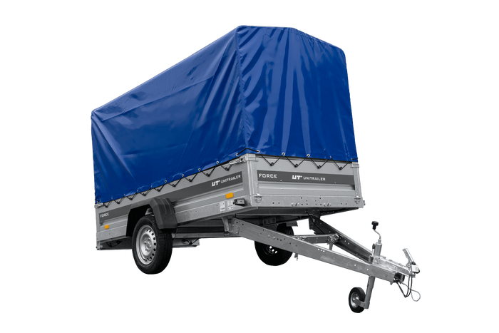 Anhänger 264×125 UNITRAILER FORCE 264 KIPP ungebremst mit H-1100 Spriegel und blauer Hochplane-Neu