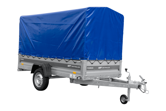 Anhänger 264×125 UNITRAILER FORCE 264 KIPP ungebremst mit H-1100 Spriegel und blauer Hochplane-Neu