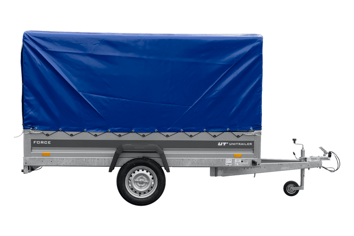 Anhänger 264×125 UNITRAILER FORCE 264 KIPP ungebremst mit H-1100 Spriegel und blauer Hochplane-Neu