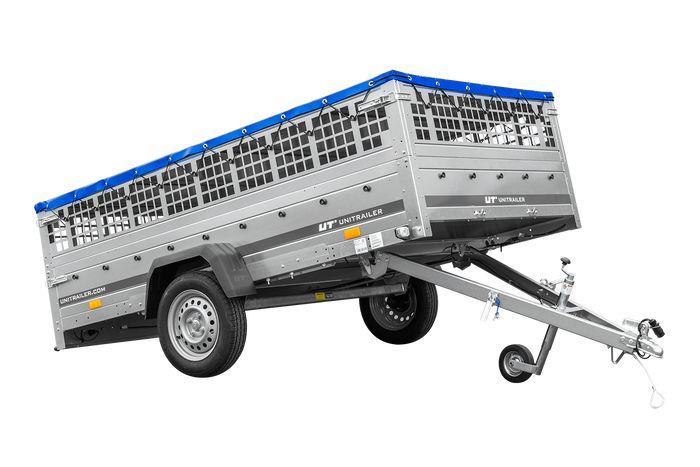 Anhänger 264×150 UNITRAILER GARDEN 265 KIPP mit Gitteraufsatz, Flachplanenträgern und blauer Plane-Neu