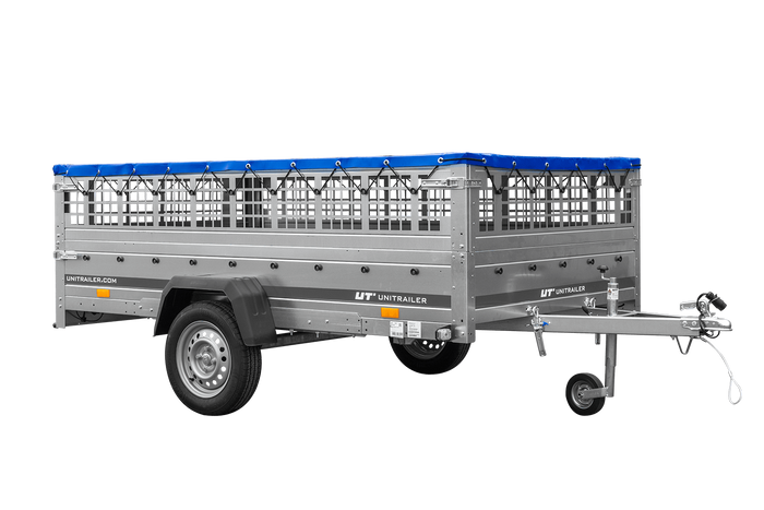 Anhänger 264×150 UNITRAILER GARDEN 265 KIPP mit Gitteraufsatz, Flachplanenträgern und blauer Plane-Neu