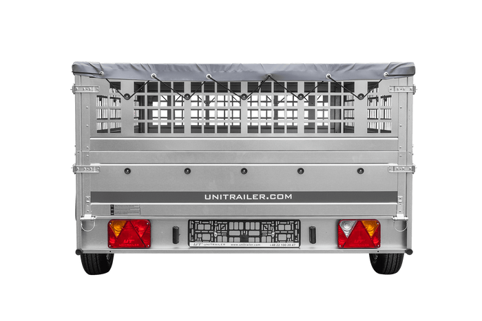 Anhänger 264×150 UNITRAILER GARDEN 265 KIPP mit Gitterwänden, H-0-Rahmen und grauer Plane-Neu