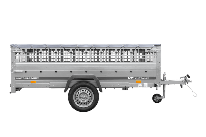 Anhänger 264×150 UNITRAILER GARDEN 265 KIPP mit Gitterwänden, H-0-Rahmen und grauer Plane-Neu