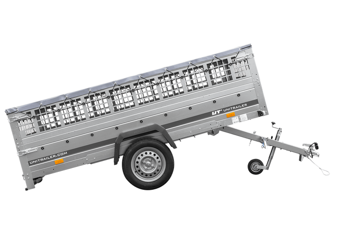Anhänger 264×150 UNITRAILER GARDEN 265 KIPP mit Gitterwänden, H-0-Rahmen und grauer Plane-Neu