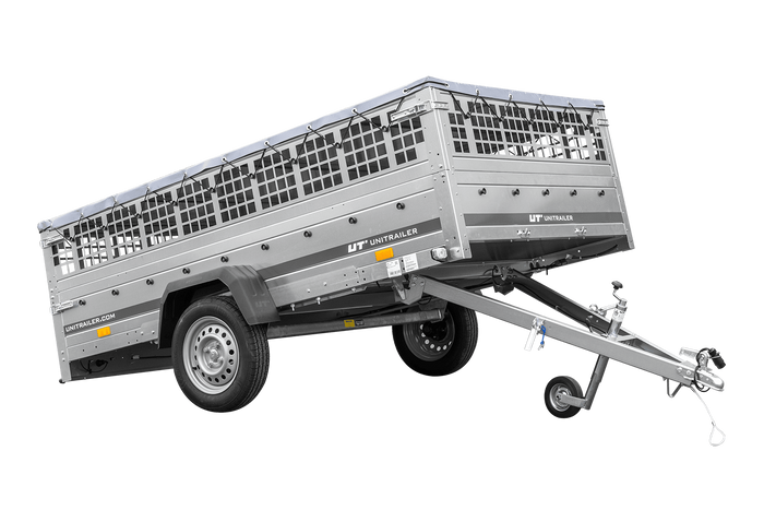Anhänger 264×150 UNITRAILER GARDEN 265 KIPP mit Gitterwänden, H-0-Rahmen und grauer Plane-Neu