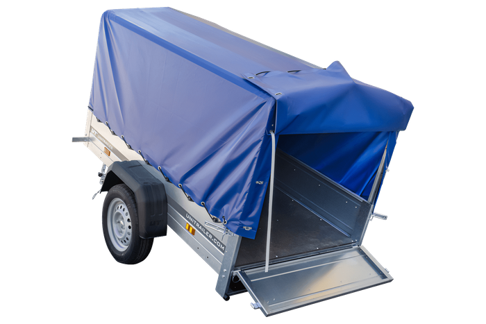 Anhänger Garden Trailer 200 KIPP 200×106 cm 750 kg [mit Hochspriegel, blauer Hochplane und Stützrad]-Neu