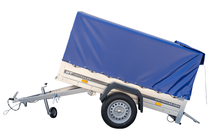 Anhänger Garden Trailer 200 KIPP 200×106 cm 750 kg [mit Hochspriegel, blauer Hochplane und Stützrad]-Neu