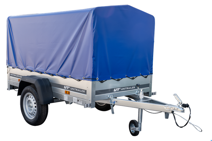 Anhänger Garden Trailer 200 KIPP 200×106 cm 750 kg [mit Hochspriegel, blauer Hochplane und Stützrad]-Neu
