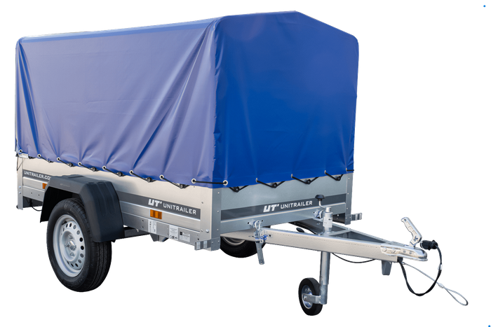 Anhänger Garden Trailer 200 KIPP 200×106 cm 750 kg [mit Hochspriegel, blauer Hochplane und Stützrad]-Neu