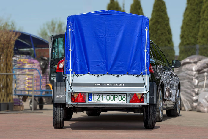 Anhänger Garden Trailer 200 KIPP 200×106 cm 750 kg [mit Hochspriegel, blauer Hochplane und Stützrad]-Neu