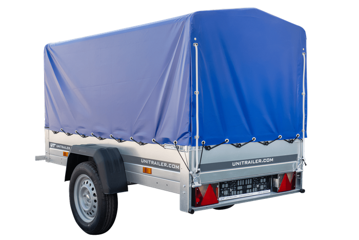 Anhänger Garden Trailer 200 KIPP 200×106 cm 750 kg [mit Hochspriegel, blauer Hochplane und Stützrad]-Neu