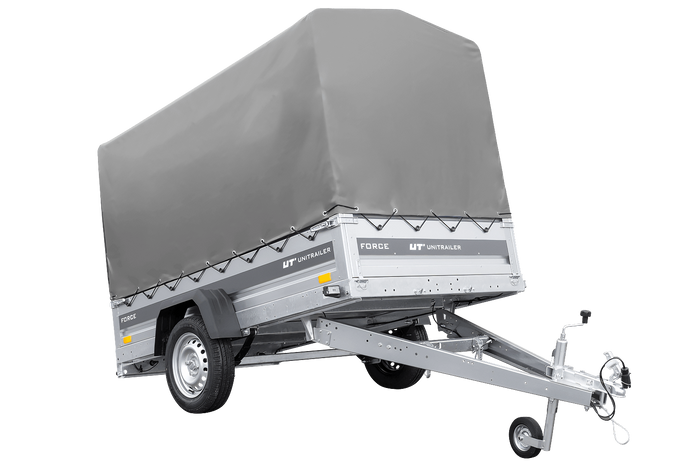 Anhänger mit Blattfedern 230×125 UNITRAILER FORCE 230/R KIPP mit H-1100 Spriegel und grauer Hochplane-Neu