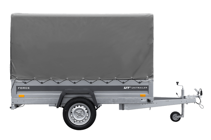 Anhänger mit Blattfedern 230×125 UNITRAILER FORCE 230/R KIPP mit H-1100 Spriegel und grauer Hochplane-Neu