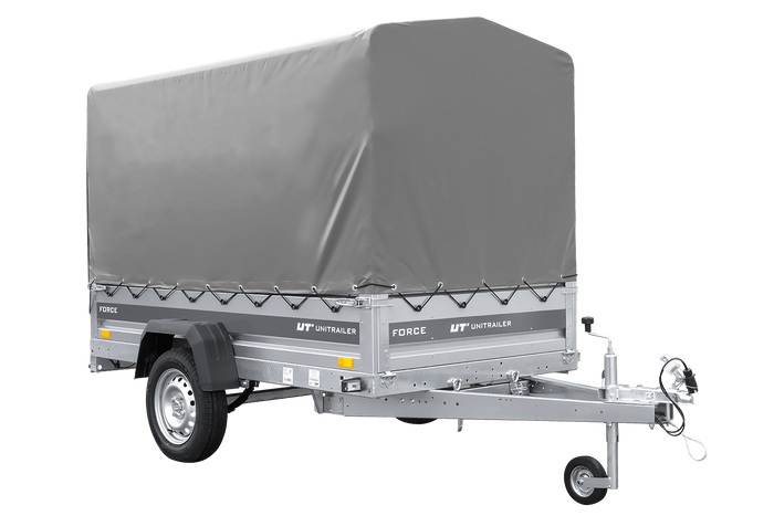 Anhänger mit Blattfedern 230×125 UNITRAILER FORCE 230/R KIPP mit H-1100 Spriegel und grauer Hochplane-Neu