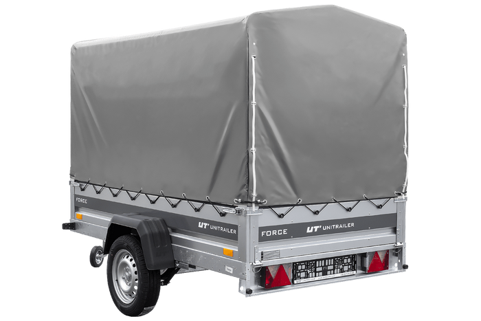 Anhänger mit Blattfedern 230×125 UNITRAILER FORCE 230/R KIPP mit H-1100 Spriegel und grauer Hochplane-Neu