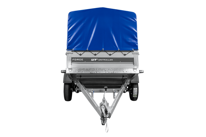 Anhänger mit Blattfedern 230×125 UNITRAILER FORCE 230/R KIPP mit H-800 Spriegel und blauer Hochplane-Neu