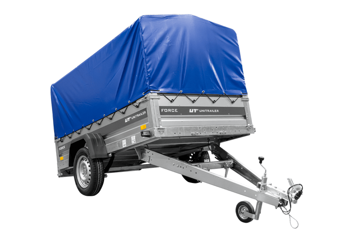 Anhänger mit Blattfedern 230×125 UNITRAILER FORCE 230/R KIPP mit H-800 Spriegel und blauer Hochplane-Neu