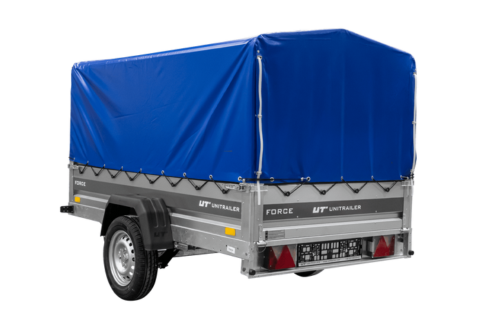 Anhänger mit Blattfedern 230×125 UNITRAILER FORCE 230/R KIPP mit H-800 Spriegel und blauer Hochplane-Neu