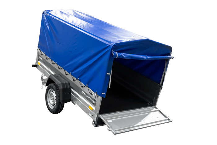 Anhänger mit Blattfedern 230×125 UNITRAILER FORCE 230/R KIPP mit H-800 Spriegel und blauer Hochplane-Neu