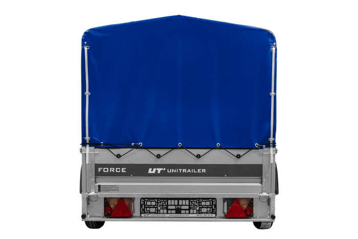 Anhänger mit Blattfedern 230×125 UNITRAILER FORCE 230/R KIPP mit H-800 Spriegel und blauer Hochplane-Neu